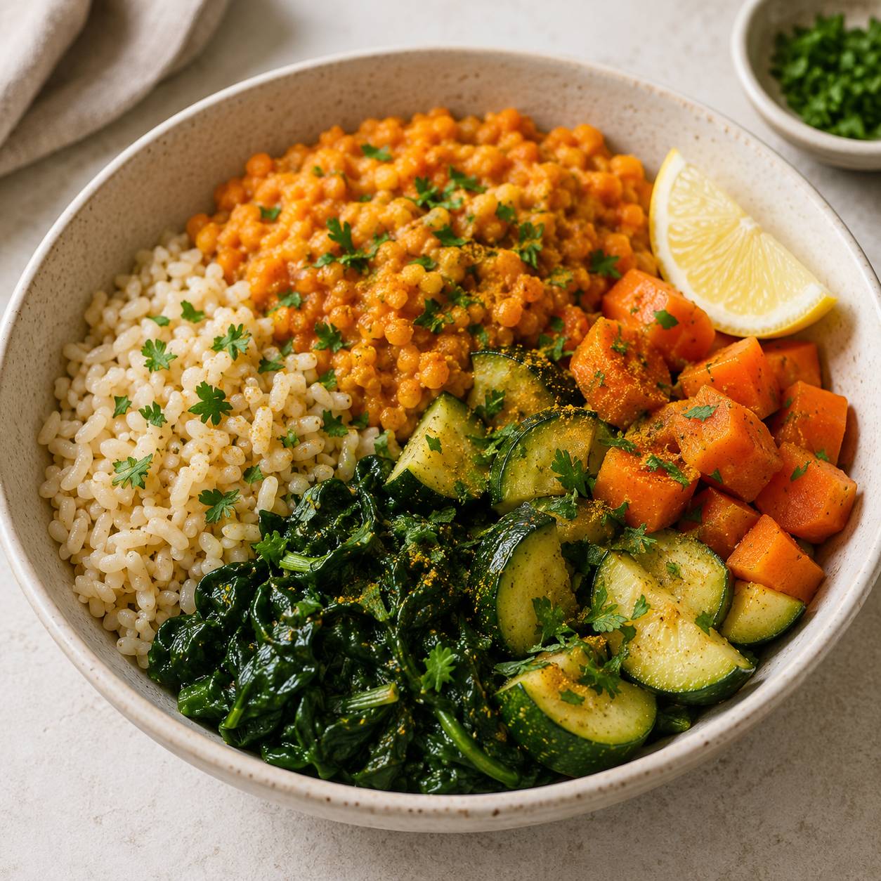 Bowl de arroz integral, lenteja roja y verduras