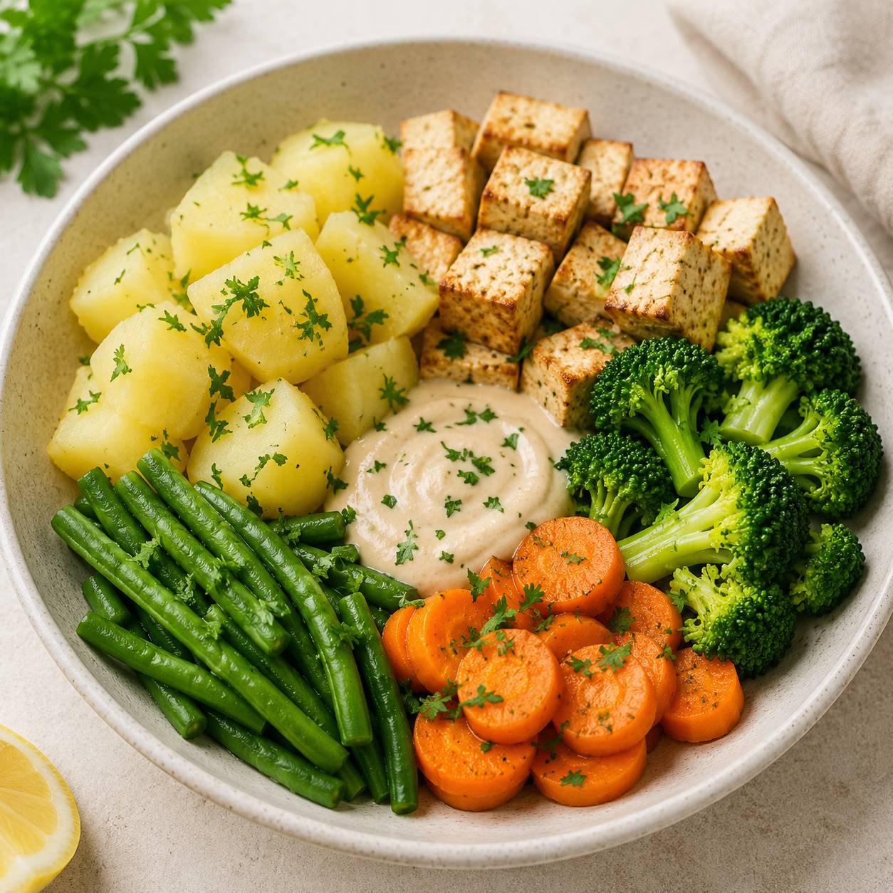Patata cocida con verduras y tofu