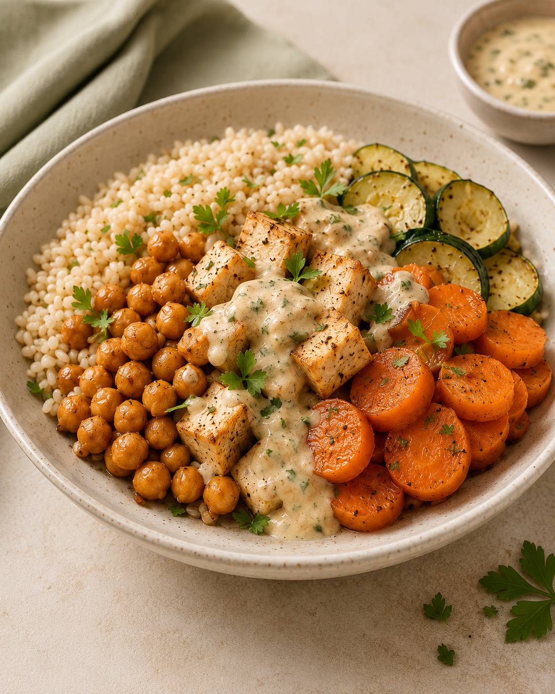 Plato vegetal con cereal, legumbre y verdura